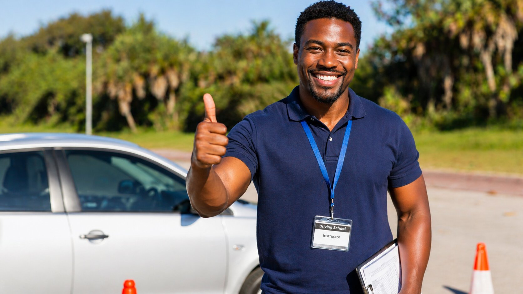DDS instructor giving a thumbs-up next to a certified MVA test vehicle