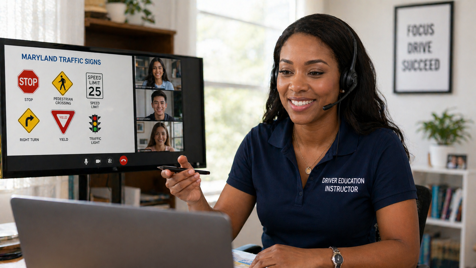 Certified Driver Education instructor leading a live Maryland traffic-signs class on Zoom